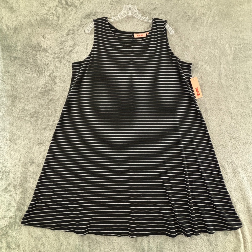 EVRI Tank Swing Dress Womens 1X Black White Strip Sleeveless Stretch Jersey Knit